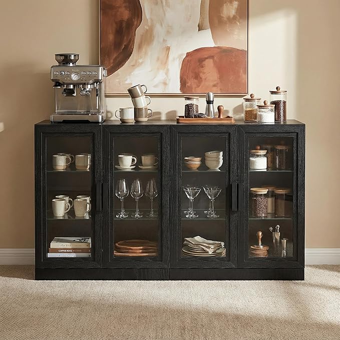 Casaphoria Adam Sideboard Buffet Cabinet with Storage, Display Cabinet with Glass Doors & Adjustable Shelves, 62" W x 36" H Buffet Cabinet for Entryway Kitchen Living Room, Black