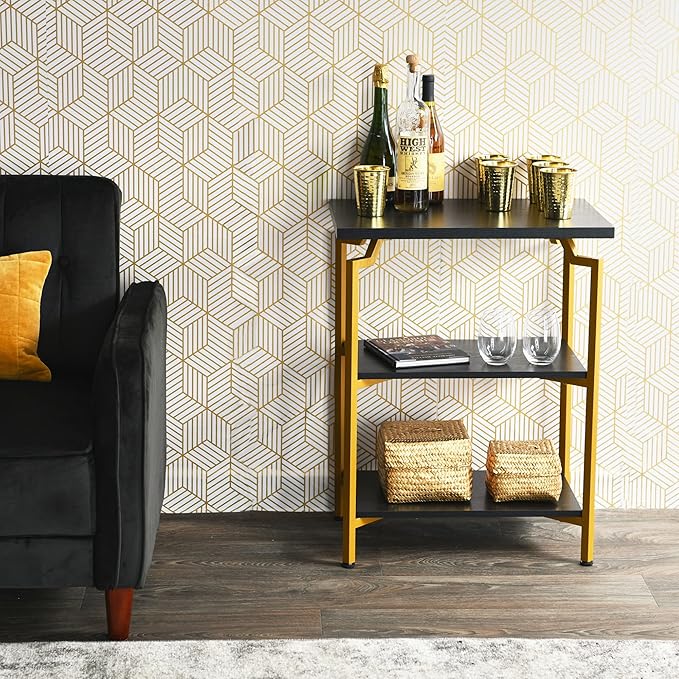 Household Essentials Crown Narrow 3 Shelf Open Storage Bookshelf Black Oak Wood Grain and Gold Metal