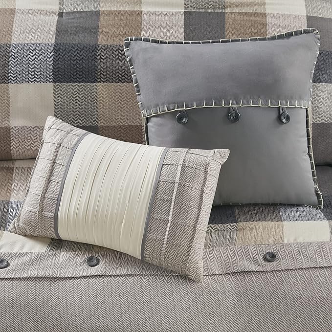 Madison Park Ridge Comforter Set - Cabin Lodge Plaid Herringbone Design, All Season Down Alternative Cozy Bedding with Matching Bedskirt, Shams, Decorative Pillow, Cal King(104"x92"), Neutral 7 Piece