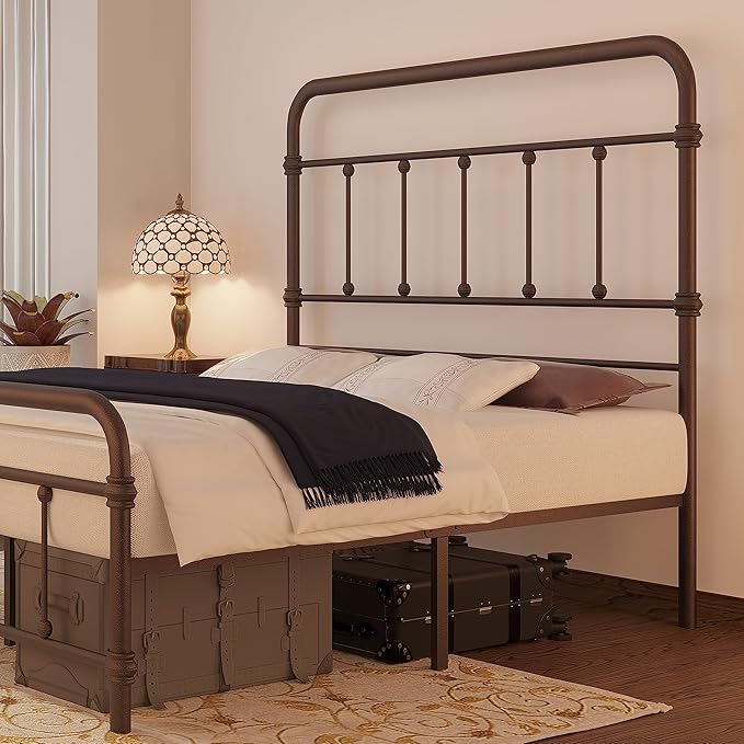 Queen-Bed-Frame with headboard Giselle-Vintage Antique-Metal - Platform Mattress Foundation,49 inch High,No Box Spring Needed(Brown)