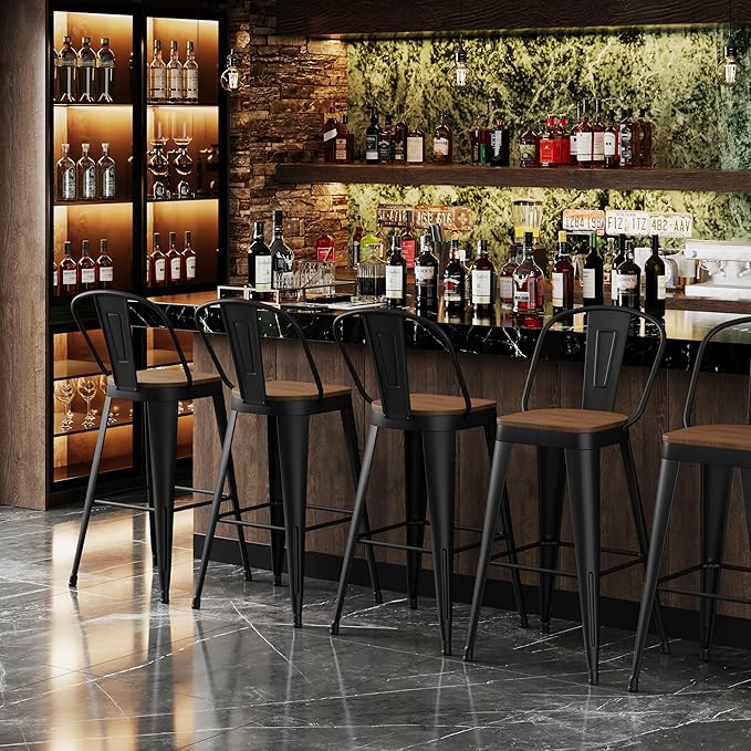 Andeworld Metal Bar Stools Set of 4, 26 inch Counter Height Barstools with Backs Farmhouse Modern High Back Bar Stools with Larger Seat Kitchen Dining Bar Chairs,Matte Black