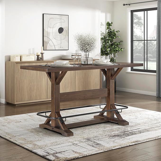 Lexicon 78 Inch Rectangular Bar Height Dining Table for 6, Rustic Farmhouse Kitchen Table, Rubberwood, Acacia Veneer, Black Metal Footrest, for Dining Room/Kitchen, Brown