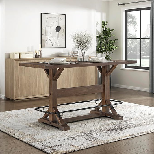 Lexicon 78 Inch Rectangular Bar Height Dining Table for 6, Rustic Farmhouse Kitchen Table, Rubberwood, Acacia Veneer, Black Metal Footrest, for Dining Room/Kitchen, Brown