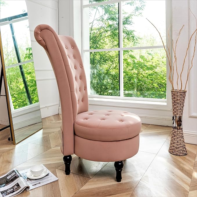 Royal High-Back Velvet Accent Chair for Vanity with Storage and Luxurious Upholstery, Retro Design and Versatile Usage for Living Room, Bedroom, Lounge and Office, Rose
