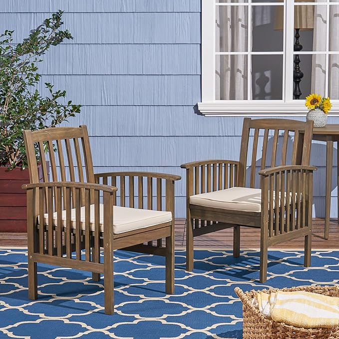 Great Deal Furniture Phoenix Acacia Patio Dining Chairs, Acacia Wood with Outdoor Cushions, Gray and Cream (Set of 2), (307163)