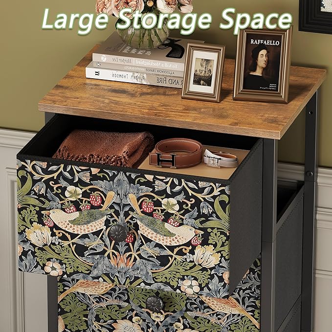 Dresser for Bedroom with 4 Drawer Strawberry Thief Dresser Vintage Storage Tower Unit Nightstand for Living Room Hallway Kids Room Closet Sturdy Steel Frame Wooden Top, Brown