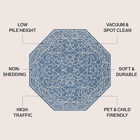 JONATHAN Y Vintage Filigree Indoor Outdoor Octagon Area Rug 8 Ft Navy/Gray, Charleston Textured Weave for Backyard, Patio, Porch, Easy-Cleaning, High Traffic, Pet-Friendly, Non-Shedding (SMB106D-8TGN)