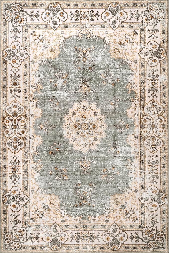 Nuloom SpinClean Ren Light Grey/Ivory, 4' x 6', Vintage Oriental, Soft and Cozy, High Traffic, Stain Resistant, Easy Clean, Durable Washable Area Rug for Bedroom, Living Room, Dining, Entryway