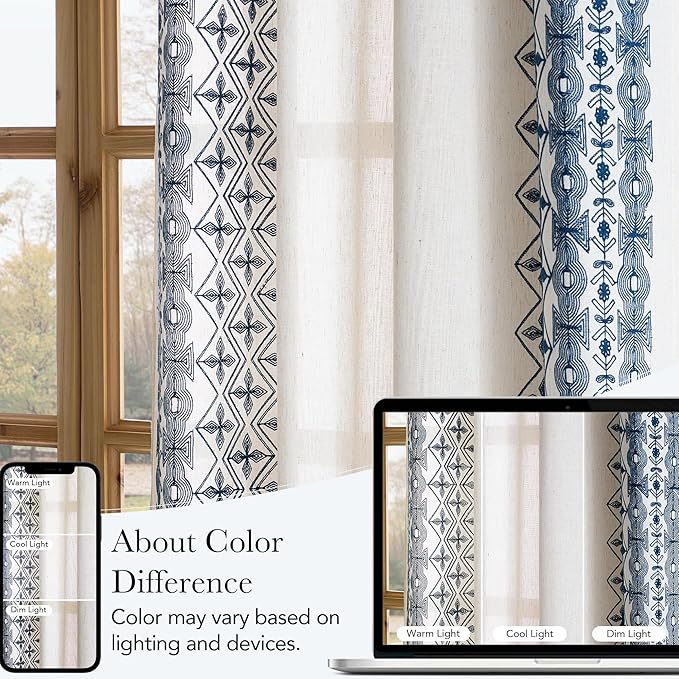 NICETOWN Navy Blue and Cream Boho Curtains 102" Long, Embroidered Linen Textured Floor to Ceiling Drapes with Antique Bronze Grommets, Light Filtering Window Treatment for Living Room, 2 Panels
