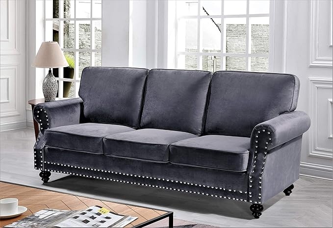 Container Furniture Direct Lotus Mid Century Modern Velvet Upholstered Living Room Rolled Arms, Sofa and Loveseat, Grey