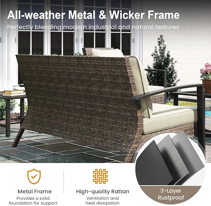 SUNVIVI OUTDOOR Patio Sofa with Coffee Table, All Weather Rattan Outdoor Patio Couch with Removable Cushions, Metal Outdoor Sofa Set for Garden Porch Balcony Backyard, Beige