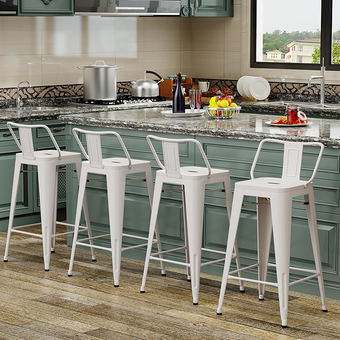Tongli Metal Bar Stools Set of 4 Barstools Counter Height Bar Stools with Back Industrial Bar Stool Indoor Counter Stool Kitchen Island Stools Modern Bar Chair 24 inch White Cream