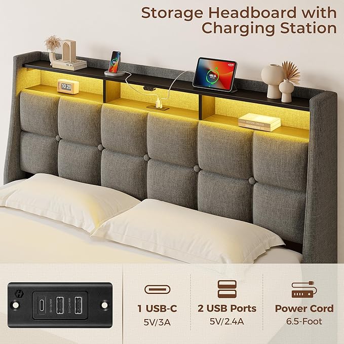 Rolanstar Full Size Bed Frame with RGB LED Lights & Charging Station, Upholstered Storage Headboard with 4 Drawers, Heavy Duty Metal Frame, No Box Spring Needed, Easy Assembly