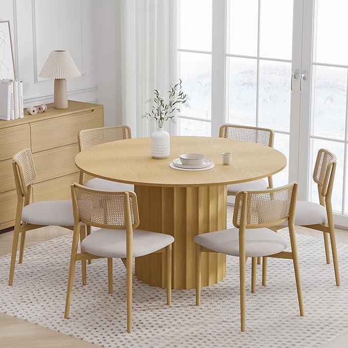 Casaphoria 52" Round Dining Table, Modern Wood Kitchen Table with Cylindrical Wide Bar Concave Base for Living Room & Dining Room, Easy Assembly Farmhouse Furniture for 4-6, Oak