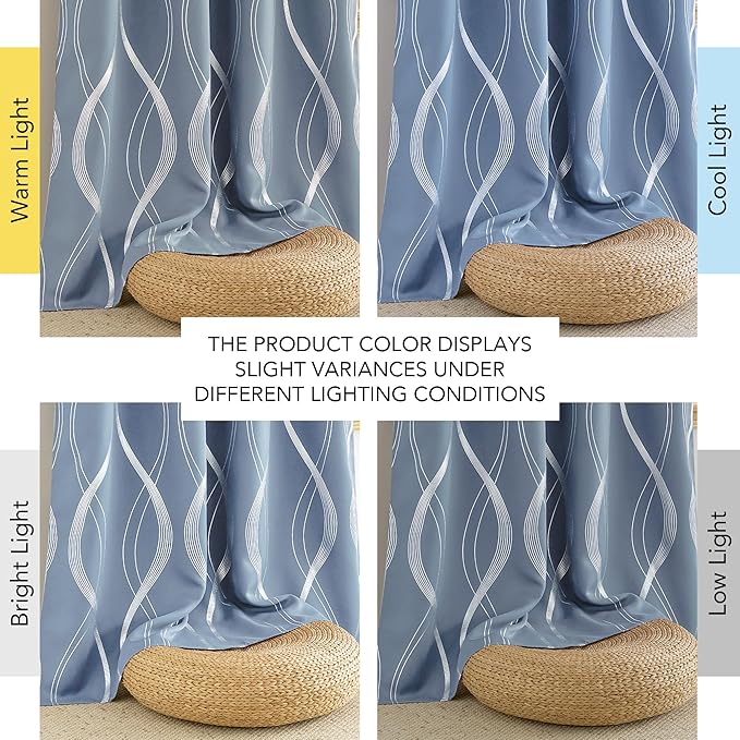 NICETOWN Vintage Blue Foil Printed Curtain for Extra Wide Window, W66 x L84 inch, Wave Line Design Modern Style Drapes Privacy Protection for Room Divider, 2 Panels