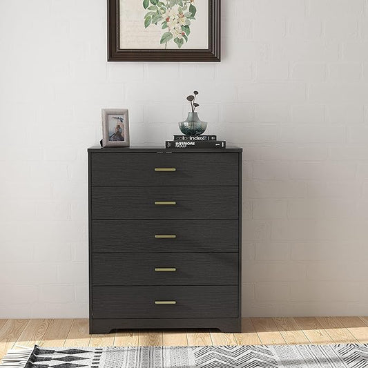 Panana Dresser for Bedroom with 4/5 Drawers, Wooden Chest of Drawers, Storage Organizer Unit Dressers for Bedroom, Living Room, Hallway, Nursery (Black, 5 Drawer)