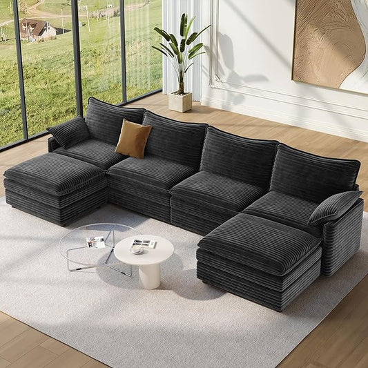 Vesgantti 142" U Shaped Sectional Cloud Couch, Large Cloud Modular Sectional Sofa with 2 Ottoman Deep Seat Corduroy Modern Modular Sofa Set for Living Room, Bedroom, Basement and Apartment, Gray | Sink-in Comfort, Height Adjustable, Easy Rearrangement,...
