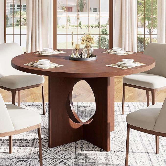 IDEALHOUSE 47" Round Dining Table, Kitchen Table for 4-6 People, Circle Tables with Sturdy Pedestal Base, Space Saving Dinning Room Furniture for Living Room, Kitchen, Apartment, Walnut