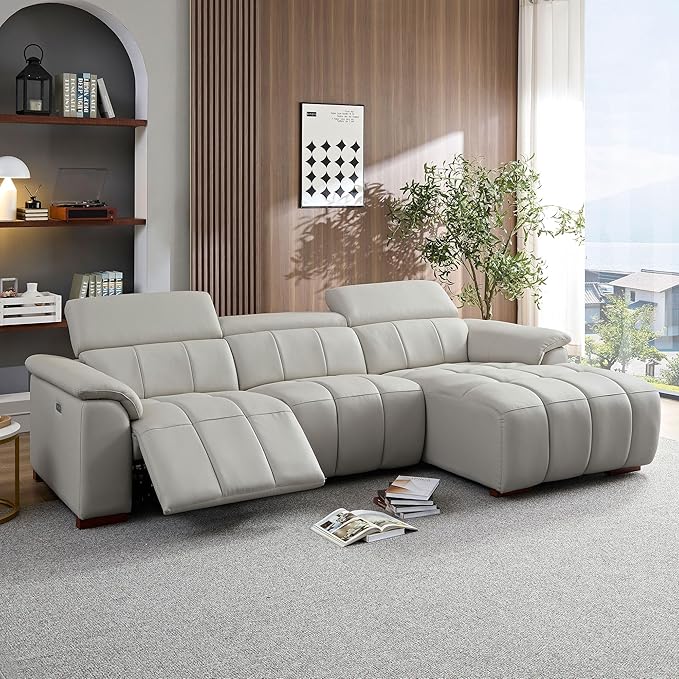 KEIKI 113" L-Shaped Genuine Leather Wall-Hugger Reclining Sofa with Right Chaise, Adjustable Backrest & Footrest, Modern Style Electric Control 3-Seater Couch with USB, for Living Room, Light Grey