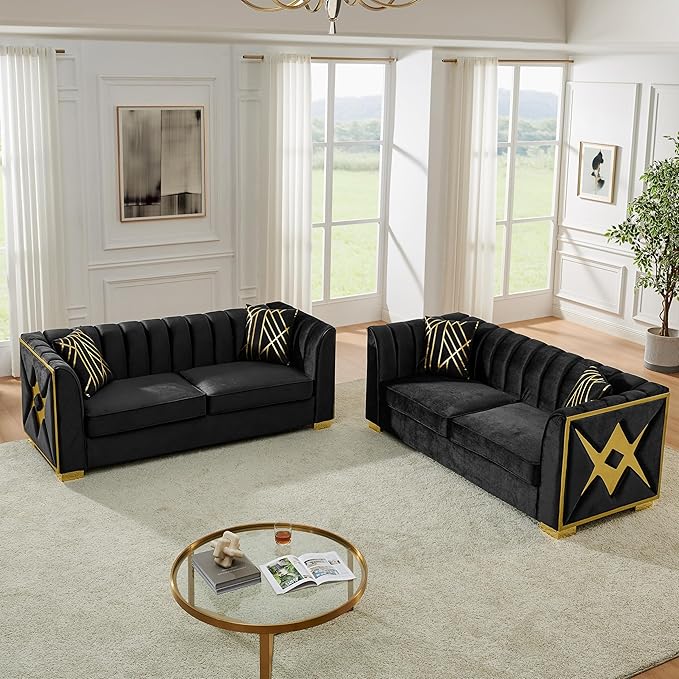 KEIKI 2-Piece Luxury Chesterfield Sofa Set with 2 Oversized Velvet 3-Seater Sofa, Upholstered Modern 6-Seater Button Tufted Couch Set with 4 Pillow, Gold Stainless Decoration, for Living Room, Black