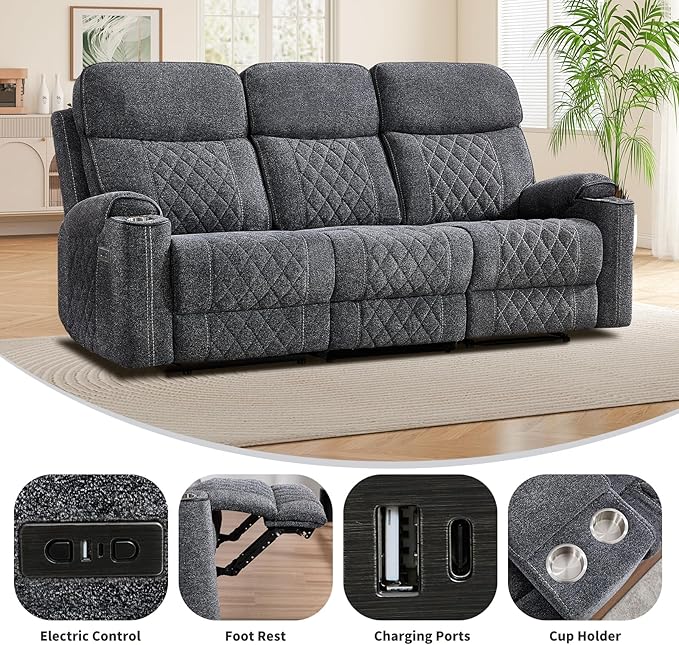 EBELLO Power Reclining Sofa Couch, Fabric Electric Recliner 3 Seater Sofa with Cup Holders, USB and Type-C Charging Ports and Storage Space, 3 Seats for Small Living Room, Bedroom, Meeting Room, Grey
