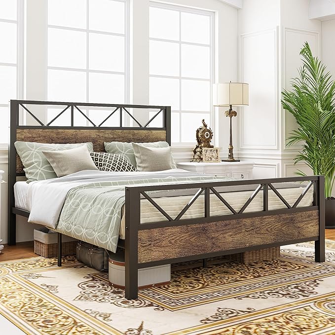 LIKIMIO Queen Bed Frame, Tall Industrial Headboard 51.2 ", Platform Bed Frame with Strong Metal Support, Solid and Stable, Noise Free, No Box Spring Needed, Easy Assembly, Rustic Maple