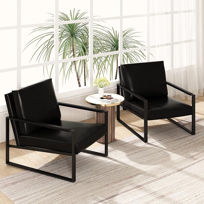 AWQM Leather Accent Chair Set of 2 Sofa Chair with Extra-Thick Padded Backrest and Seat Cushion Single Sofa for Living Room Bedroom, Black Metal Frame, 105 Degree Slant Back-Black（Set of 2）