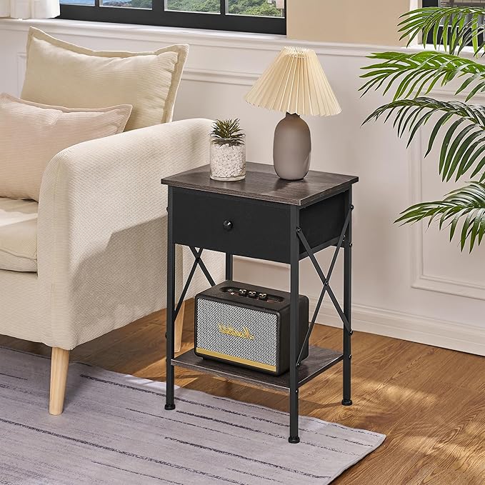 VECELO Nightstand Set of 2, X-Design End Side Table with Fabric Storage Drawer and Open Shelf, Bedside Night Stand with Steel Frame for Bedroom, Living Room,Dorm, Easy Assembly,Gray