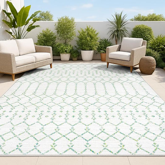 JONATHAN Y Moroccan Geometric Indoor Outdoor Area Rug 8X10 Green/Ivory, Ourika Textured Weave for Backyard, Patio, Porch, Easy-Cleaning, High Traffic, Pet-Friendly, Non-Shedding (SMB108R-8)