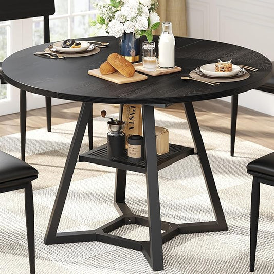 Round Dining Table for 4, Kitchen Tables Dining Room Circle Dinner Table with Pedestal Metal Frame, Space Saving Wood Industrial Kitchen & Dining Room Tables, Black 43In