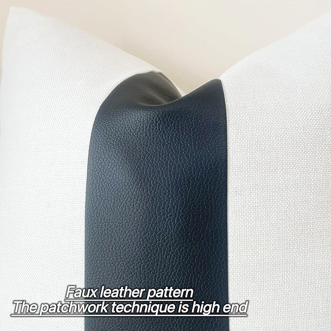 Slow Cow Black Faux Leather and Off White Linen Patchwork Throw Pillow Covers Stripe Cushion Covers 18 x 18 Inches
