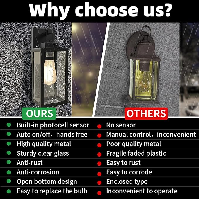 12 Inch Outdoor Wall Lights Dusk to Dawn,Exterior Sconce Lights with Sensor Photocell Black Wall Lantern for Porch Patio Garage Dusk to Dawn Outdoor Lighting