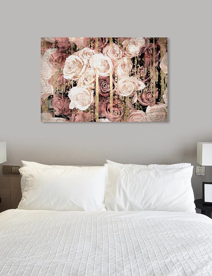 Floral and Botanical Wall Art Canvas Prints 'Shabby Chic Romance' Florals, 54x36, Pink, Brown