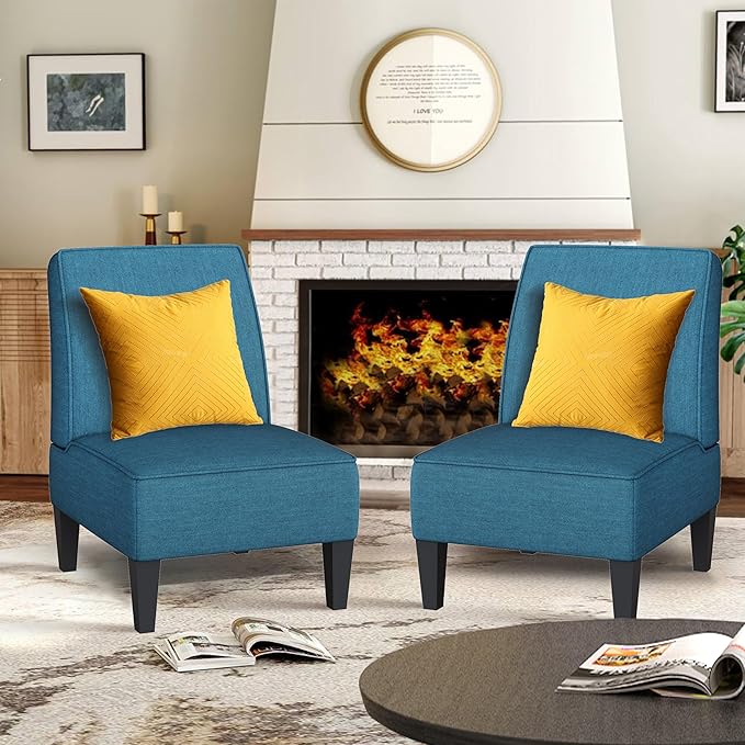ALISH Accent Chairs Set of 2 Upholstered Living Room Chairs Armless Side Chairs Bedroom Chairs with Curved Backrest and Wooden Legs Blue