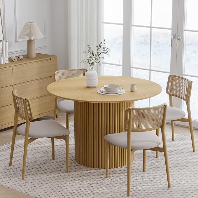 Casaphoria 46" Round Dining Table, Modern Wood Kitchen Table with Cylinder Stripe Base for Living Room & Dining Room, Easy Assembly Farmhouse Furniture for 4-6, Oak