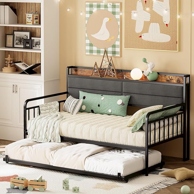LIKIMIO Daybed with Trundle, Sturdy Metal Twin XL Size Bed Frame with Upholstered Headboard and Charging Station for Living Room, Bedroom and Guest Room, Black