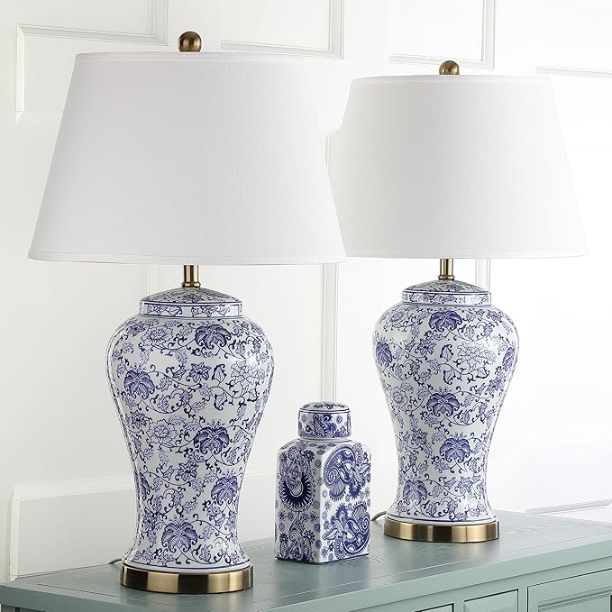 SAFAVIEH Lighting Collection – Spring Blossom Set of 2 Blue & White Floral Chinoiserie Table Lamps, 29-Inch Ceramic Lamps for Bedroom, Living Room, Home Office (LIT4170B-SET2)
