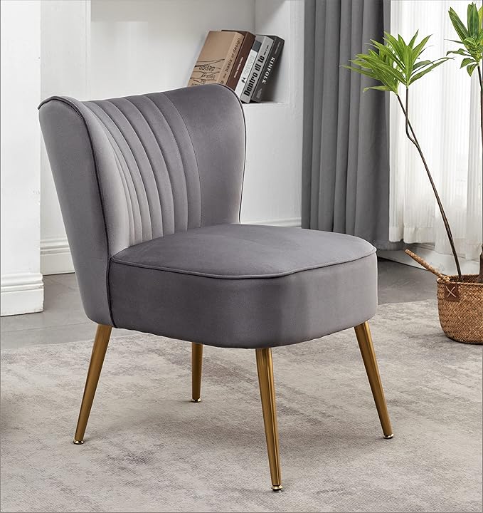 Modern Velvet Accent Chair for Living Room, Bedroom, or Entryway, Stylish and Comfortable Armless Design with Metal Legs, Grey