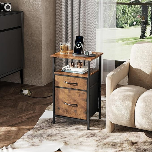 WLIVE Nightstand with Charging Station, End Table with 2 Fabric Drawers for Storage, Small Bedroom Dresser, Bed Side Table, 2 USB Ports and 2 Outlets, Easy Assembly, Rustic Brown