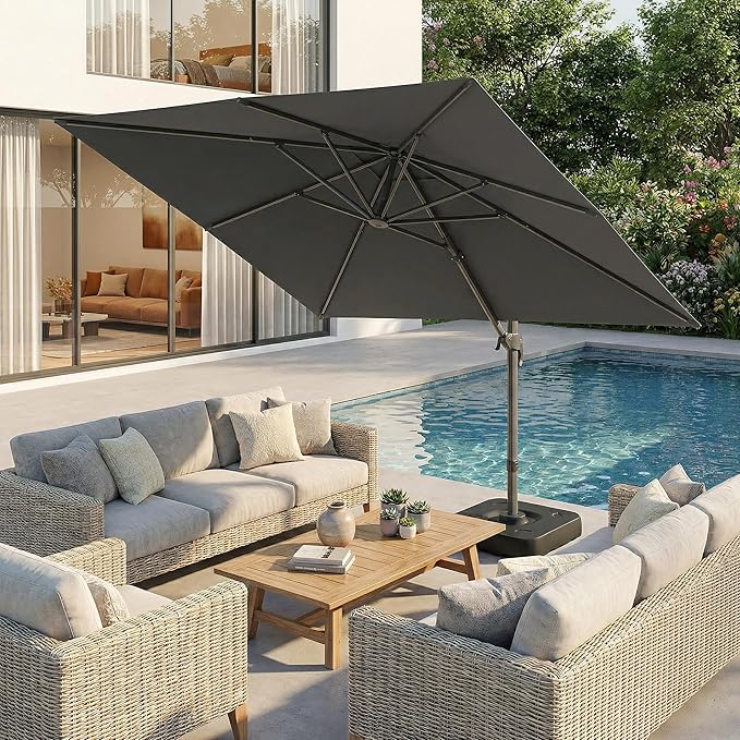 Hoteel 10ft Patio Umbrella Heavy Duty Aluminum Windproof & Shade Provision Outdoor Cantilever Double Top Offset Large Umbrella Height Adjustable with 360°Rotation for Patio Pool Deck Gazebo, Gray