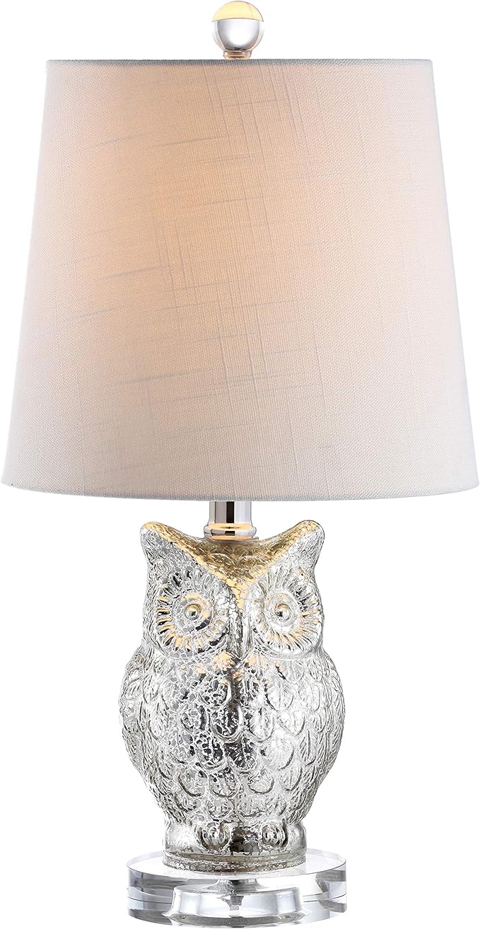 JONATHAN Y 19" Silver/Ivory Owl Glass Table Lamp with Crystal Base, Contemporary Woodland Bedside Lamp for Living Room, White Linen Drum Shade, LED Bulb Included JYL4010A