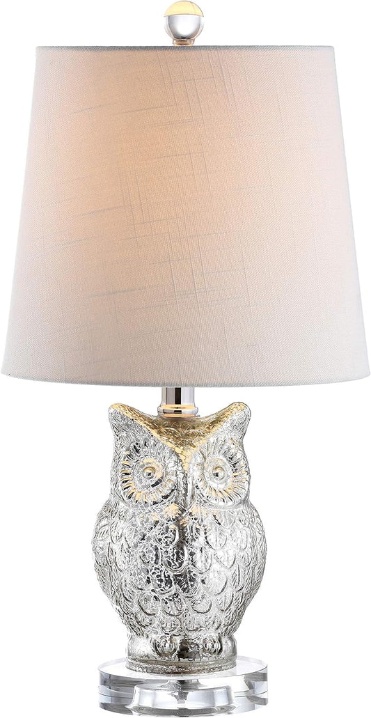 JONATHAN Y 19" Silver/Ivory Owl Glass Table Lamp with Crystal Base, Contemporary Woodland Bedside Lamp for Living Room, White Linen Drum Shade, LED Bulb Included JYL4010A