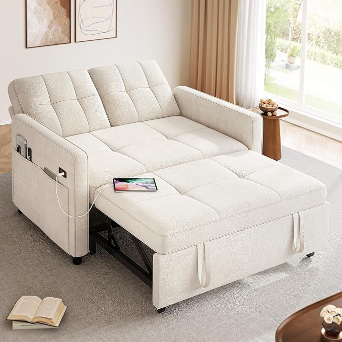 YITAHOME 55" Convertible Sofa Bed, 3-in-1 Sleeper Sofa with Pull-Out Bed, Cat-Scratch-Proof Futon Couch with 5-Levels Reclining Backrest, USB and Side Pocket, Modern Loveseat for Living Room, Beige