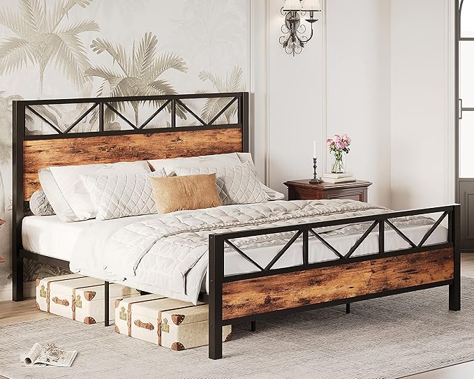 LIKIMIO King Bed Frame, Tall Industrial Headboard 51.2 ", Platform Bed Frame with Strong Metal Support, Solid and Stable, Noise Free, No Box Spring Needed, Easy Assembly, Vintage Brown
