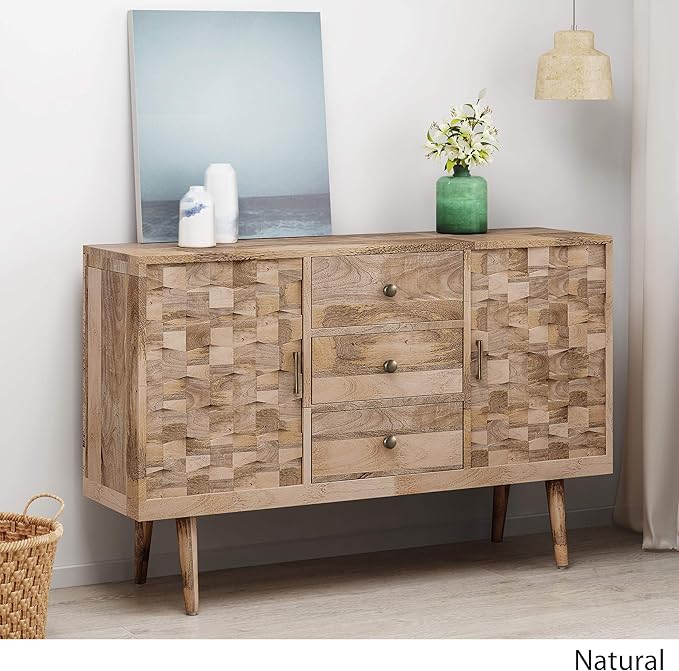Great Deal Furniture Zona Mid-Century Modern Mango Wood 3 Drawer Sideboard with 2 Doors, Natural