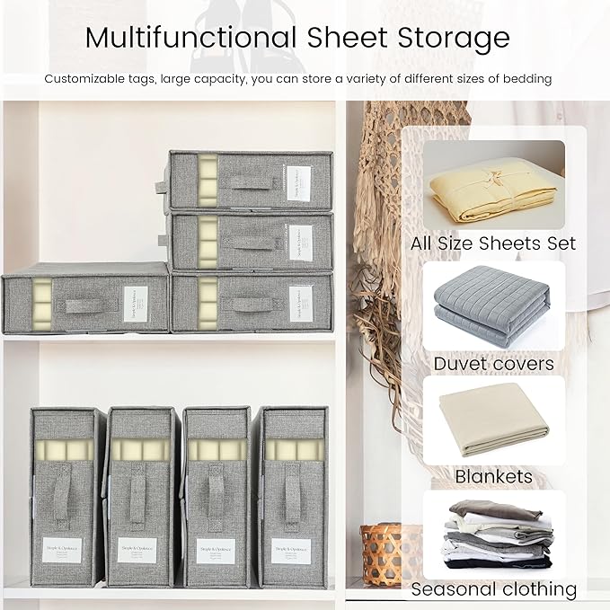 Simple&Opulence 4 Pack Bed Sheet Organizers and Storage, Linen Closet Organizers, Sheets Set Folder Storages with Window and Label (Queen/King Size) Organizing Bedding Container, Grey