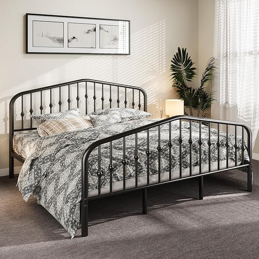 Allewie King Size Metal Platform Bed Frame with Vintage Style Wrought Iron Headboard and Footboard, No Box Spring Needed, Easy Assembly, Black