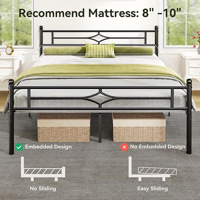 Queen Size Metal Platform Bed Frame with Vintage Headboard and Footboard, Sturdy Queen Bed Frame, 12.5 Inch Under Bed Space, No Box Spring Needed, Easy to Assemble, Noise Free, Black