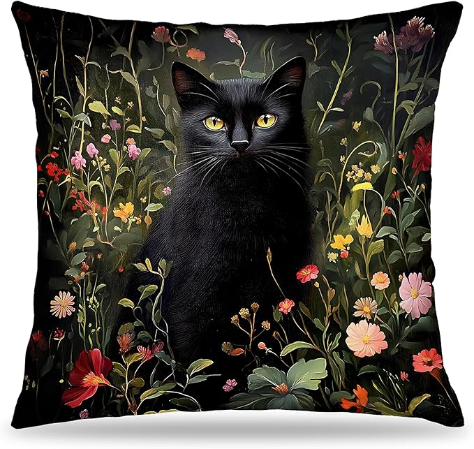 William Morris Inspired Wildflower Black Cat Pillow Covers 18x18, Cat Lover Mom Lady Gifts, Vintage Dark Cottagecore Black Kitten Decorative Throw Pillow Covers for Bedroom Living Room Home