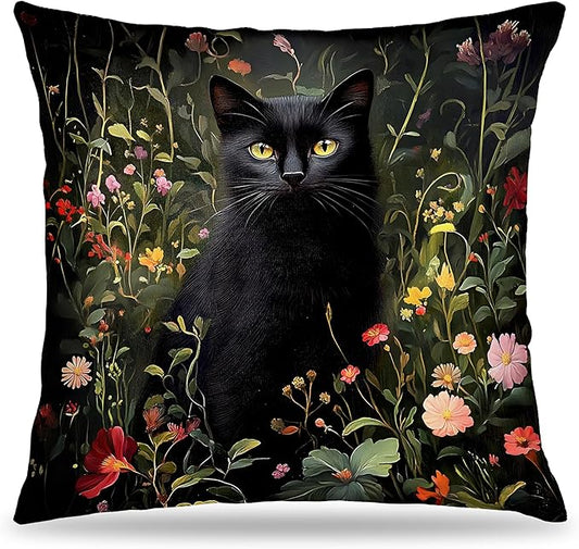William Morris Inspired Wildflower Black Cat Pillow Covers 18x18, Cat Lover Mom Lady Gifts, Vintage Dark Cottagecore Black Kitten Decorative Throw Pillow Covers for Bedroom Living Room Home